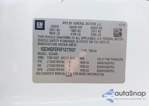 2015 Chevrolet Express 2500 Work Van z USA, uszkodzony, nr VIN 1GCWGFCF6F1277697